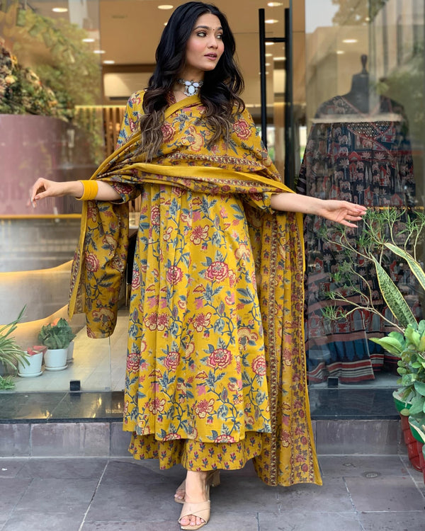 GoSriKi Women's Rayon Blend Anarkali Printed Kurta with Pant & Dupatta & Dupatta (CIA Yellow-GS_XL_Yellow_X-Large)