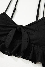 Black Eyelet Pattern Knotted Ruffle Trim 3pcs Bikini Set