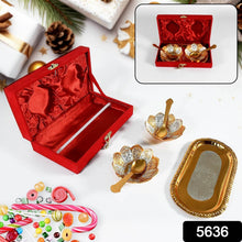5in1 Gold Silver Plated 2 Bowl 2 Spoon Tray Set Brass with Red Velvet Gift Box Serving Dry Fruits Desserts Gift - Super Bachat