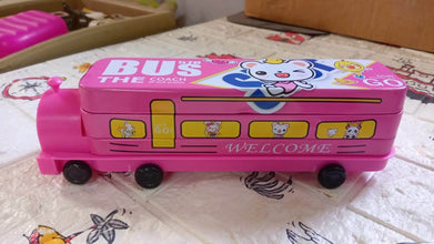 Double Decker Magic Bus Compass 2 Layer Metal Bus Compass Case with Movable Wheels & Sharpener Bus Shape with Tiers Metal Box for Kids Birthday Party - Super Bachat