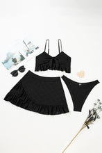 Black Eyelet Pattern Knotted Ruffle Trim 3pcs Bikini Set