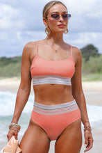 Peach Blossom Striped Patchwork Spaghetti Strap High Waist Bikini Swimsuit