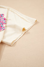 Apricot Flower Patched Exposed Stitching Trim Crew Neck Loose Tee