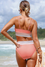 Peach Blossom Striped Patchwork Spaghetti Strap High Waist Bikini Swimsuit