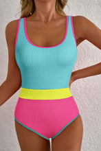 Iceland Blue Textured Color Block Patchwork One Piece Swimsuit