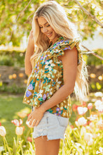 Yellow Floral Print Tiered Flutter Sleeve V Neck Top