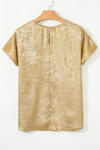Gold Glossy Round Neck Pleated Detail Short Sleeve Blouse