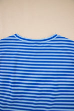 Sky Blue Stripe Ribbed Cap Sleeve Round Neck T Shirt