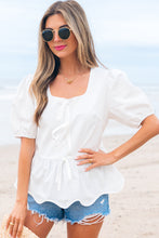 White Bow Knot Decor Square Neck Puff Sleeve Peplum Top