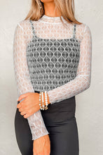 Beige Sheer Mesh Patterned Lettuce Trim Slim Long Sleeve Top