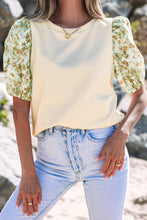 Beige Contrast Floral Bubble Sleeve Patchwork Ribbed Top