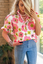Pink Floral Ruffle Short Sleeve Striped Buttoned Collar Blouse