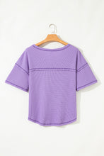 Purple Exposed Seam Half Sleeve Knitted V Neck Textured Top