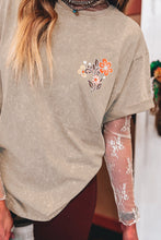 Smoke Gray Mineral Wash Floral Steer Head Printed Back Western Fashion Tee