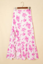 Rose Boho Floral High Waist Ruffle Split Maxi Skirt