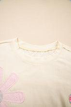 Apricot Flower Patched Exposed Stitching Trim Crew Neck Loose Tee