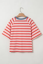 Tomato Red Stripe Print Contrast Collar Raglan Sleeve T Shirt