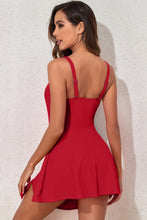 Racing Red U Neck Adjustable Straps Knotted Skirt Patchwork One Piece Swimsuit