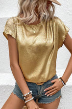 Gold Glossy Round Neck Pleated Detail Short Sleeve Blouse