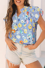 Sky Blue Flutter Sleeve V Neck Floral Top