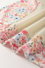 Beige Floral Patchwork Chest Pocket Wide Sleeve Waffle T Shirt