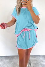 Turquoise Colorblock Edge Drop Shoulder T Shirt and Skort 2Pcs Set