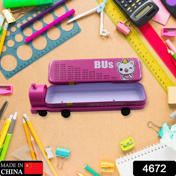 Double Decker Magic Bus Compass 2 Layer Metal Bus Compass Case with Movable Wheels & Sharpener Bus Shape with Tiers Metal Box for Kids Birthday Party - Super Bachat